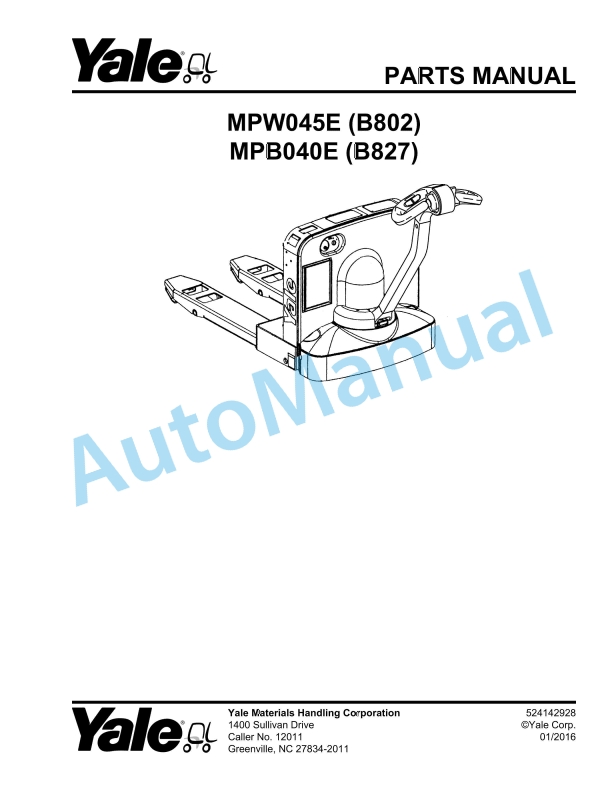 Yale B802 - B827 MPW045E, MPB040E Parts Manual 524142928