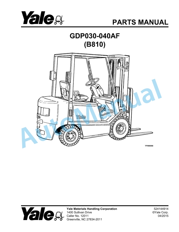 Yale B810 GDP-GLP16-20AF Parts Manual 524144913