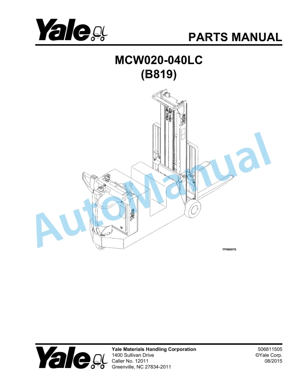 Yale B819 MCW020-040LC Parts Manual 506811505