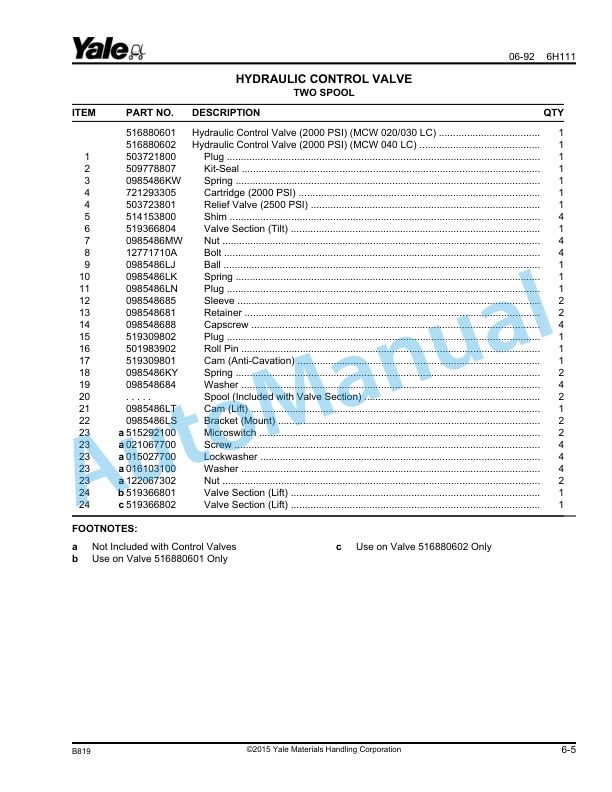 Alternative view of Yale B819 MCW020-040LC Parts Manual 506811505