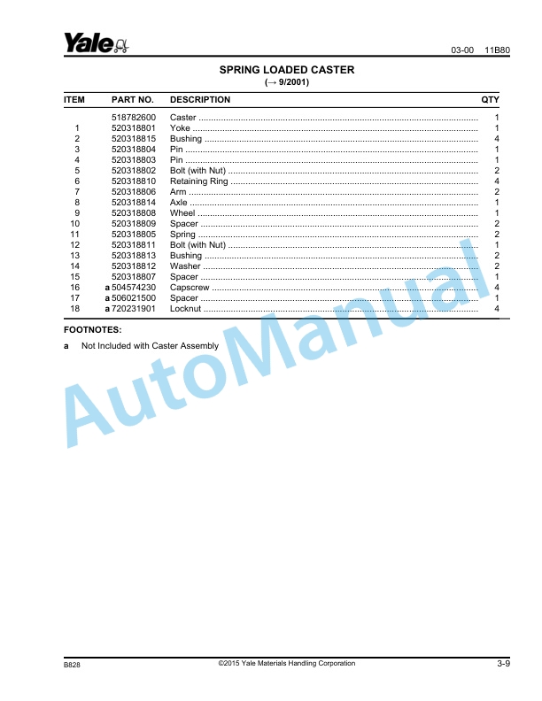 Alternative view of Yale B828 MLW040-060 4.000 And 6.000 LB Capacity Parts Manual 506811507