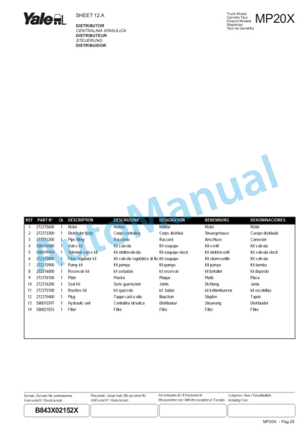 Yale B843 MP20X Parts Manual 272487600 3 Yale B843 MP20X Parts Manual 272487600-3
