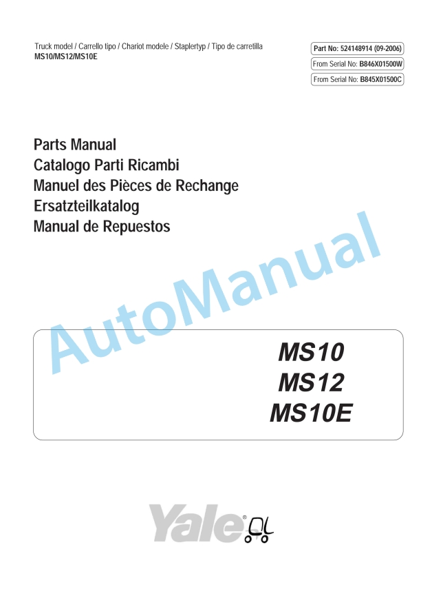 Yale B845 - B846 MS10, MS12, MS10E Parts Manual 524148914