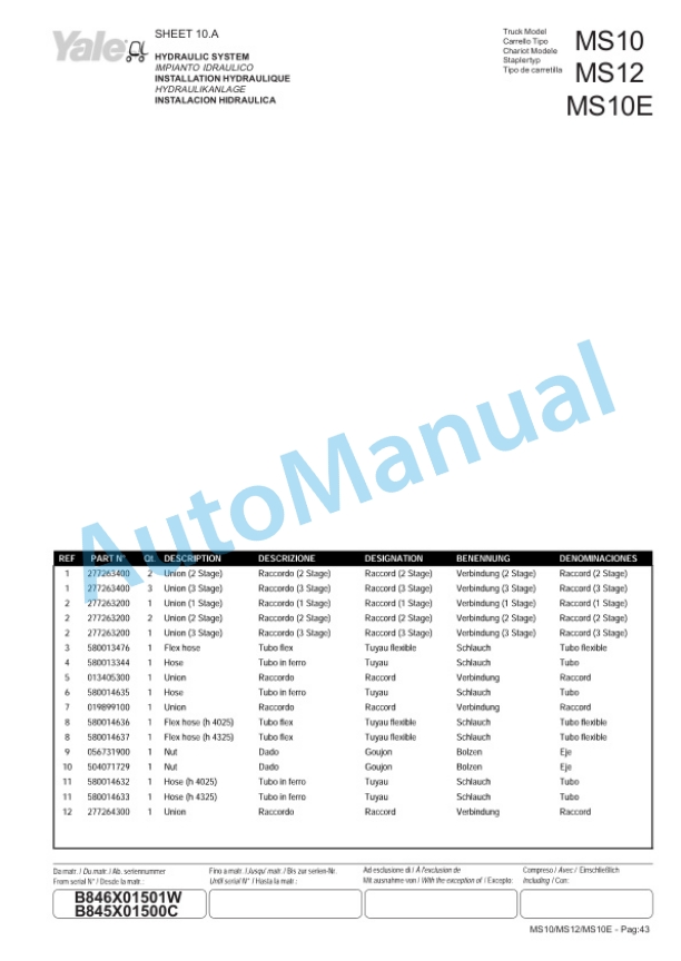 Yale B845 - B846 MS10, MS12, MS10E Parts Manual 524148914 2 Yale B845 - B846 MS10, MS12, MS10E Parts Manual 524148914-2