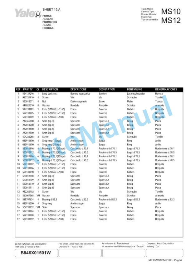 Yale B845 - B846 MS10, MS12, MS10E Parts Manual 524148914 3 Yale B845 - B846 MS10, MS12, MS10E Parts Manual 524148914-3