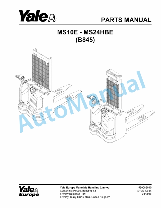 Yale B845 MS10E, MS24HBE Parts Manual 550085010