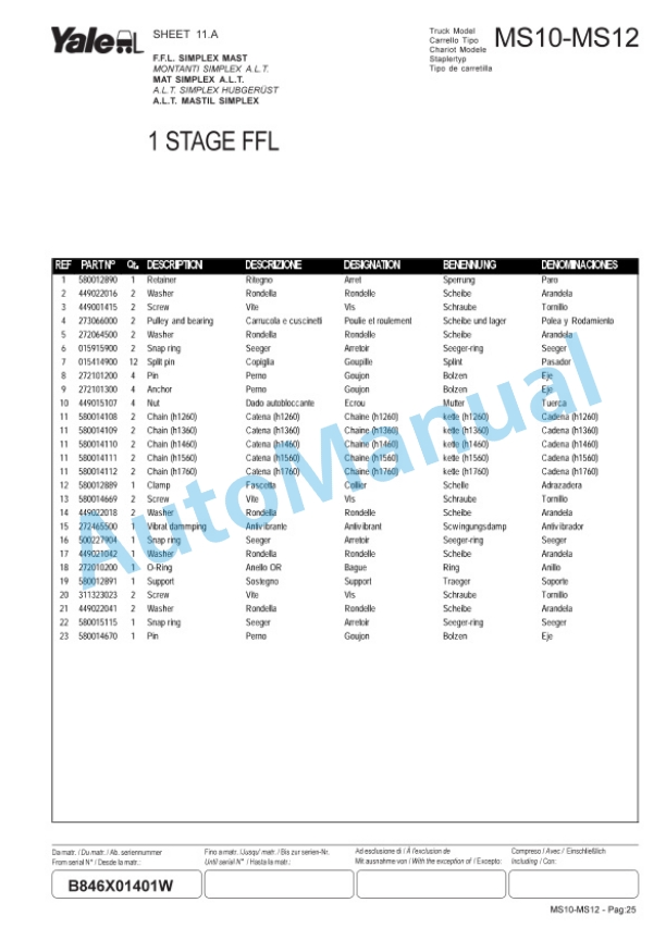 Yale B846 MS10, MS12 Parts Manual 272354300 2 Yale B846 MS10, MS12 Parts Manual 272354300-2