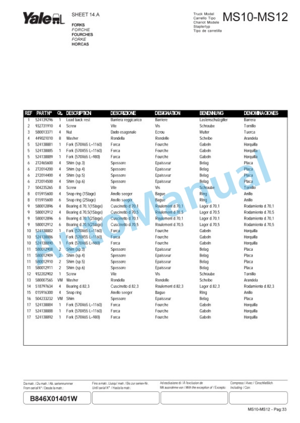 Yale B846 MS10, MS12 Parts Manual 272354300 3 Yale B846 MS10, MS12 Parts Manual 272354300-3