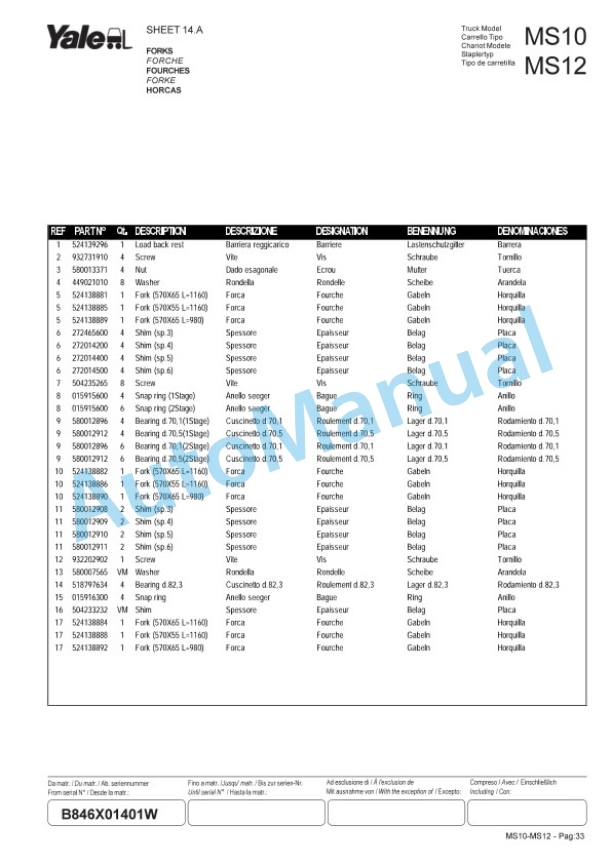 Yale B846 MS10, MS12 Parts Manual 272494200 3 Yale B846 MS10, MS12 Parts Manual 272494200-3