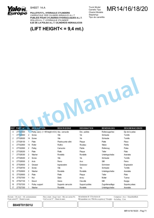 Yale B849 MR14, MR16, MR18, MR20 Parts Manual 272343200 3 Yale B849 MR14, MR16, MR18, MR20 Parts Manual 272343200-3