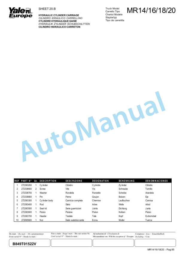 Yale B849 MR14, MR16, MR18, MR20 Parts Manual 272343200 5 Yale B849 MR14, MR16, MR18, MR20 Parts Manual 272343200-5