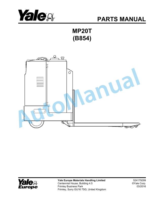 Yale B854 MP20T Parts Manual 524179299