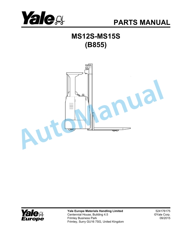 Yale B855 MS12, 15S Parts Manual 524176175