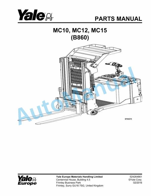 Yale B860 MC10, MC12, MC15 Parts Manual 524264861