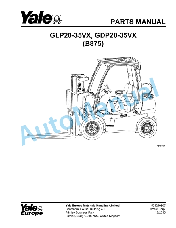 Yale B875 GLP20-35VX, GDP20-35VX Parts Manual 524240897