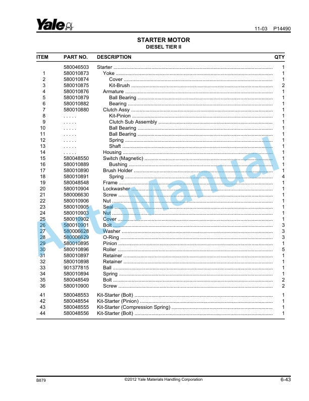 Alternative view of Yale B879 GC-GDC-GLC135-155CA Parts Manual 524208290