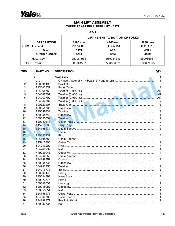 Yale B888 ERP25VC, ERP30VC Parts Manual 550087445 5 Yale B888 ERP25VC, ERP30VC Parts Manual 550087445 - Image 5