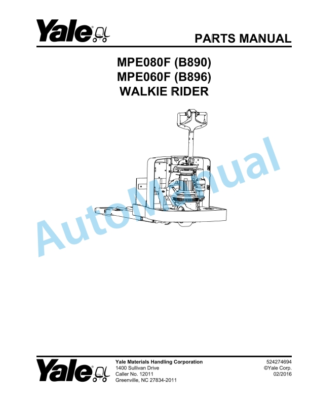 Yale B890 - B896 MPE080F, MPE060F Walkie Rider Parts Manual 524274694