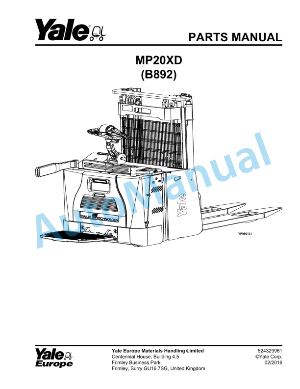 Yale B892 MP20XD Parts Manual 524329961