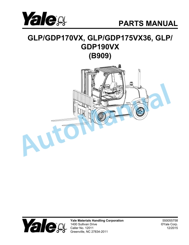 Yale B909 GLP-GDP170VX, GLP-GDP175VX36, GLP-GDP190VX Parts Manual 550055758