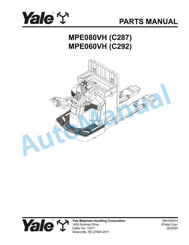 Yale C287 - C292 MPE080VH, MPE060VH Parts Manual 550184014