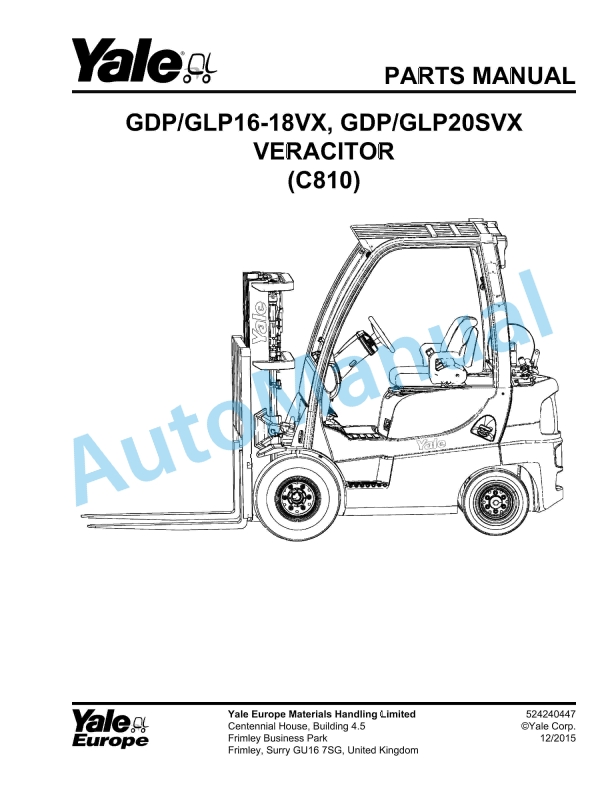 Yale C810 GDP-GLP16-18VX, GDP-GLP20SVX Veracitor Parts Manual 524240447