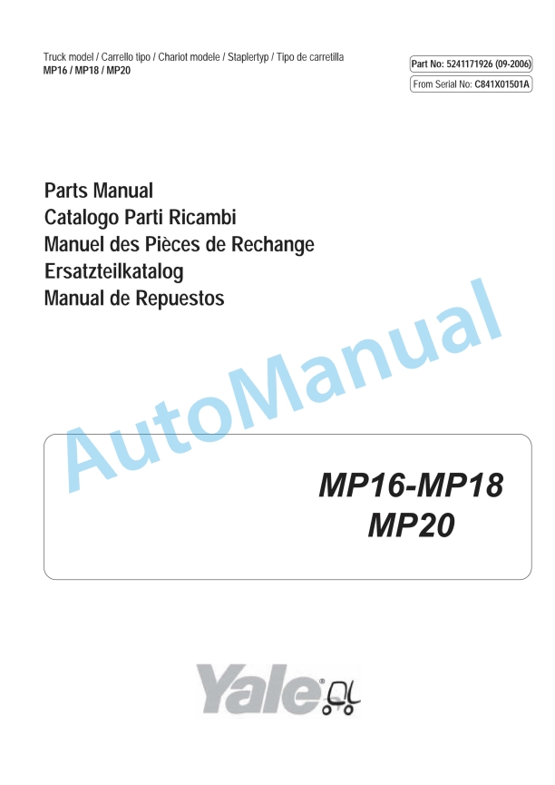 Yale C841 MP16, MP18, MP20 Parts Manual 5241171926