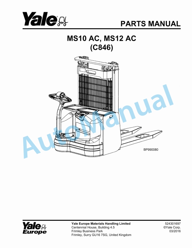 Yale C846 MS10 AC, MS12 AC Parts Manual 524301697