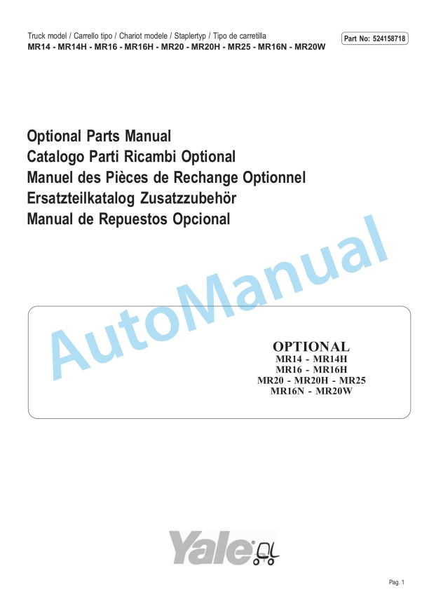 Yale C849 MR14, MR14H, MR16, MR16H, MR20, MR20H, MR25, MR16N, MR20W Parts Manual 524158718