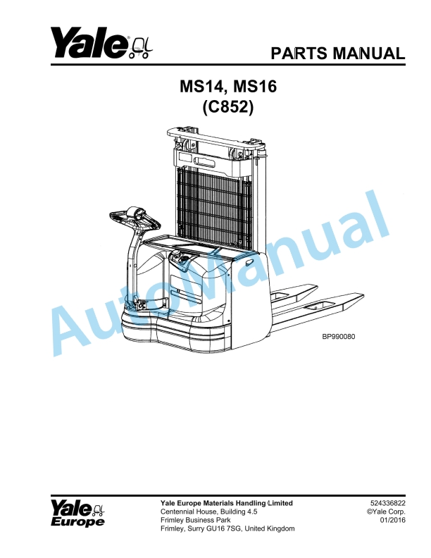 Yale C852 MS14, MS16 Parts Manual 524336822
