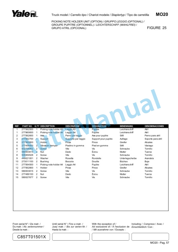 Yale C857 MO20 Parts Manual 524170129 5 Yale C857 MO20 Parts Manual 524170129-5