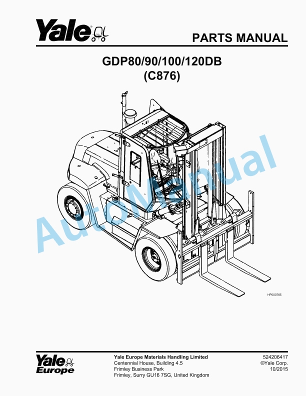 Yale C876 GDP80-90-100-120DB Parts Manual 524206417