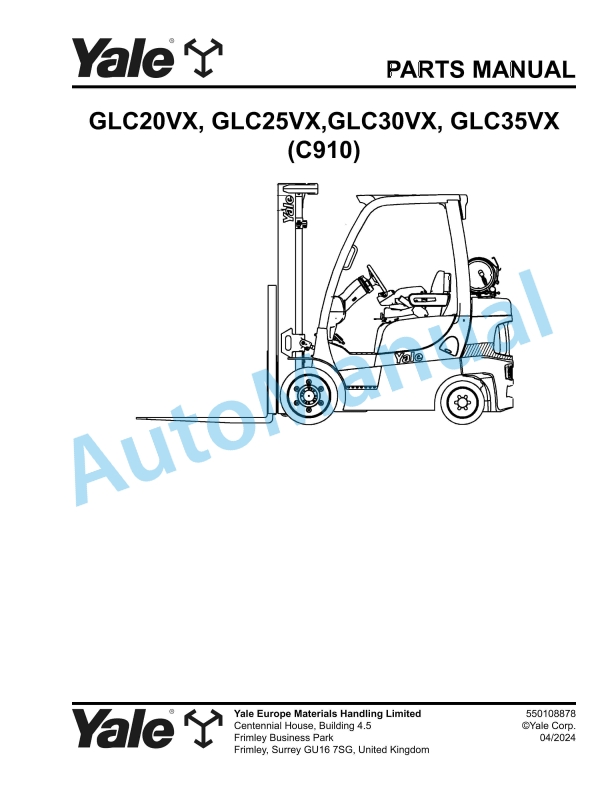 Yale C910 GLC20VX, GLC25VX, GLC30VX, GLC35VX Parts Manual 550108878