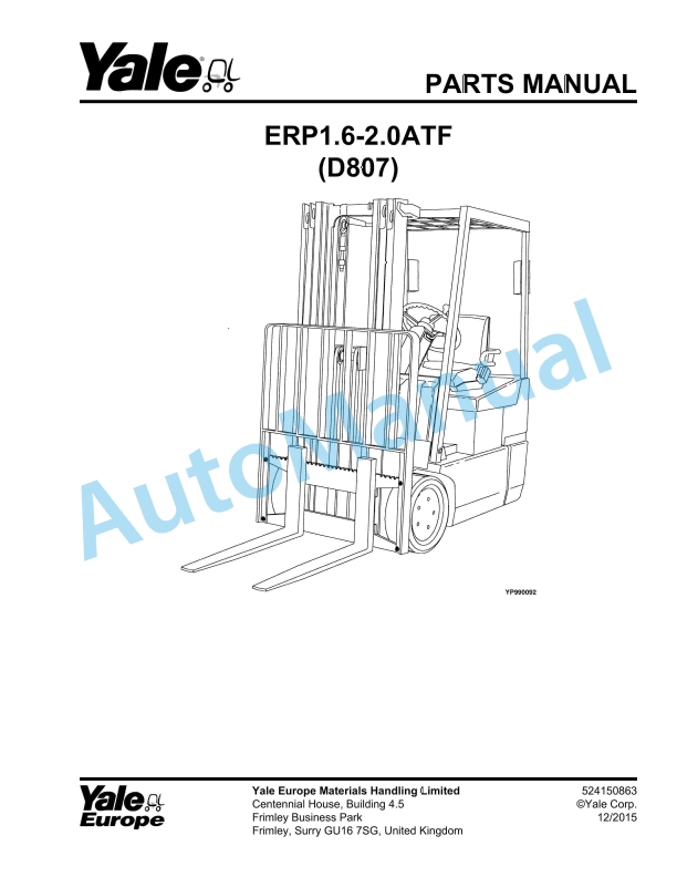 Yale D807 ERP1.6-2.0ATF Parts Manual 524150863