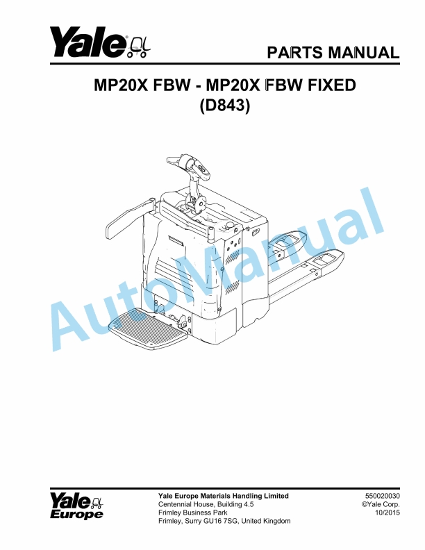 Yale D843 MP20X FBW, MP20X FBW FIXED Parts Manual 550020030
