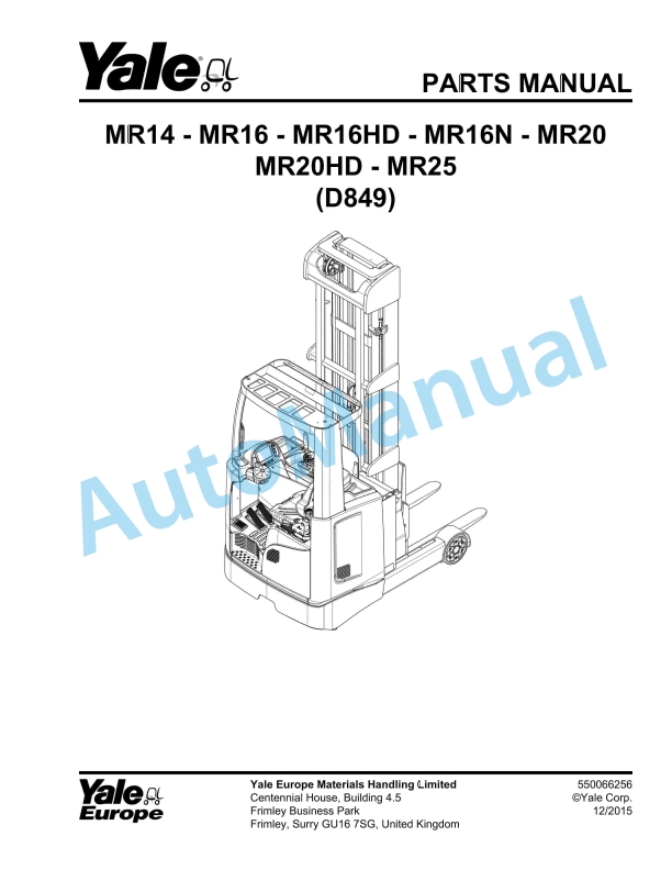 Yale D849 MR14, MR16, MR16HD, MR16N, MR20, MR20HD, MR25 Parts Manual 550066256