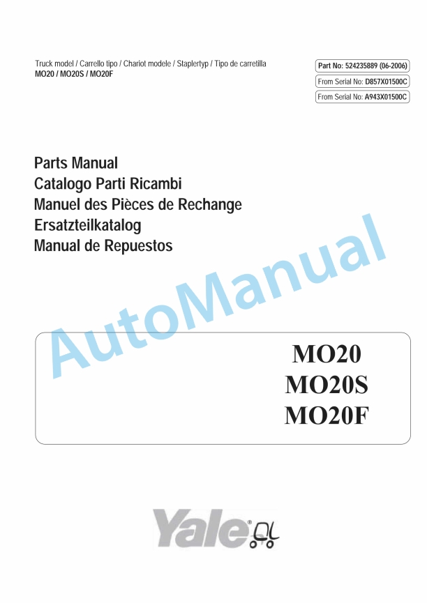 Yale D857 - A943 MO20, MO20S, MO20F Parts Manual 524235889
