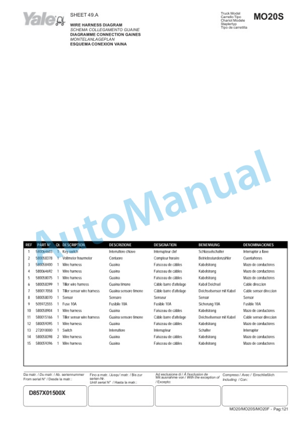 Yale D857 - A943 MO20, MO20S, MO20F Parts Manual 524235889 5 Yale D857 - A943 MO20, MO20S, MO20F Parts Manual 524235889-5