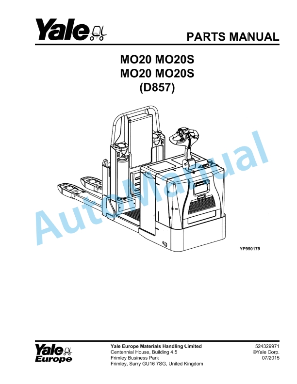 Yale D857 MO20, MO20S Parts Manual 524329971