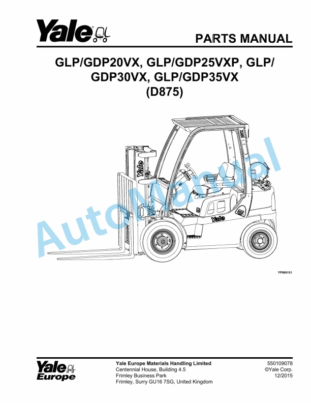 Yale D875 GLP-GDP20VX, GLP-GDP25VXP, GLP-GDP30VX, GLP-GDP35VX Parts Manual 550109078