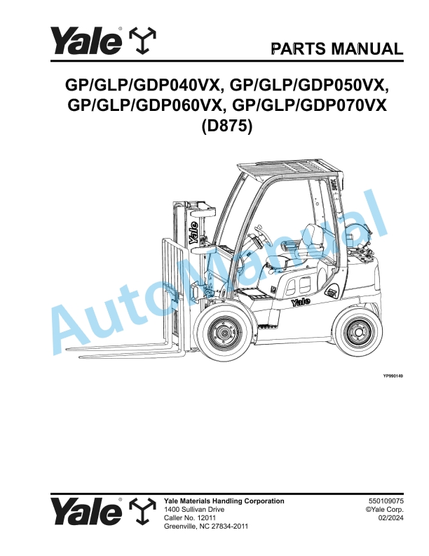 Yale D875 GP-GLP-GDP040VX, GP-GLP-GDP050VX, GP-GLP-GDP060VX, GP-GLP-GDP070VX Parts Manual 550109075