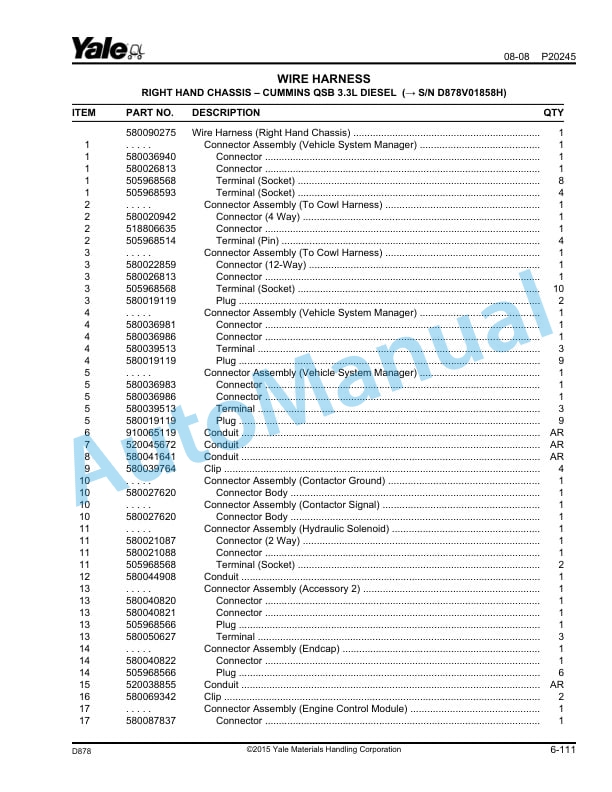 Alternative view of Yale D878 GP-GLP-GDP135 VX, GP-GLP-GDP155VX Parts Manual 524329200
