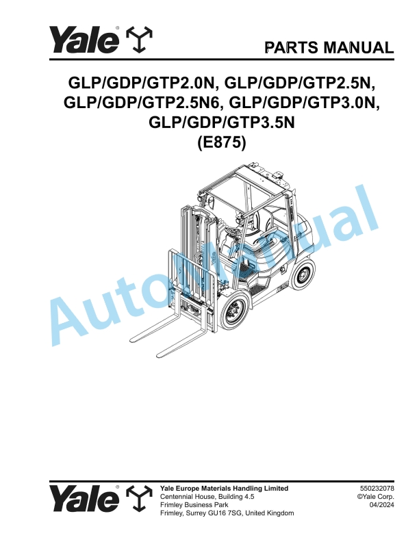 Yale E875 GLP-GDP-GTP2.0N-2.5N-2.5N6-3.0N-3.5N Parts Manual 550232078