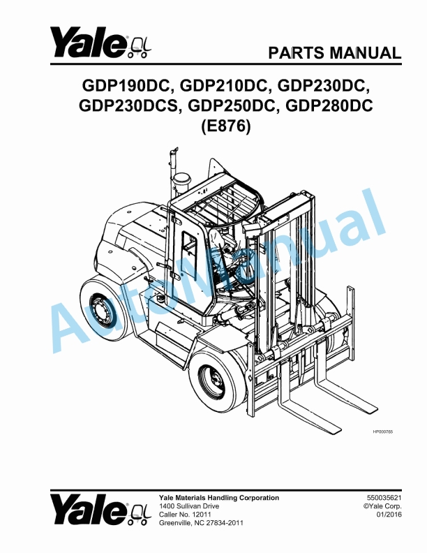 Yale E876 GDP190DC, GDP210DC, GDP230DC, GDP230DCS, GDP250DC, GDP280DC Parts Manual 550035621