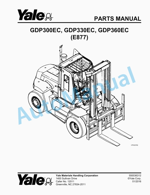 Yale E877 GDP300EC, GDP330EC, GDP360EC Parts Manual 550036312