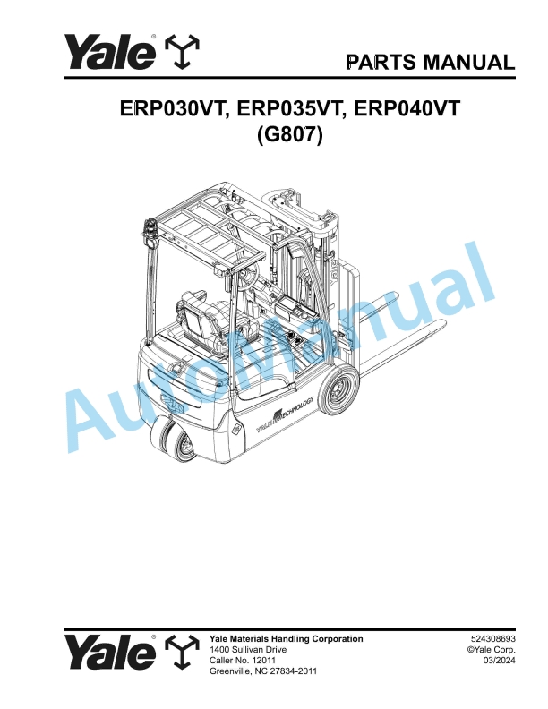 Yale G807 ERP030VT, ERP035VT, ERP040VT Parts Manual 524308693