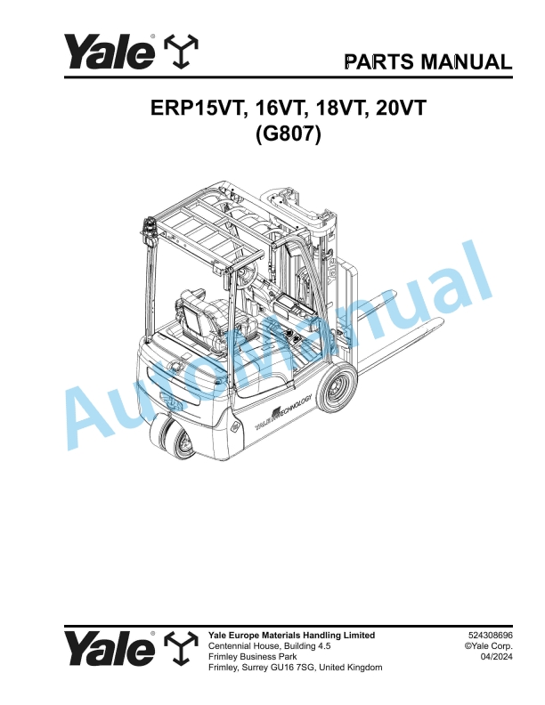 Yale G807 ERP15VT, 16VT, 18VT, 20VT Parts Manual 524308696