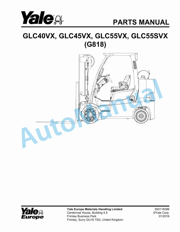 Yale G818 GLC40VX, GLC45VX, GLC55VX, GLC55SVX Parts Manual 550118396