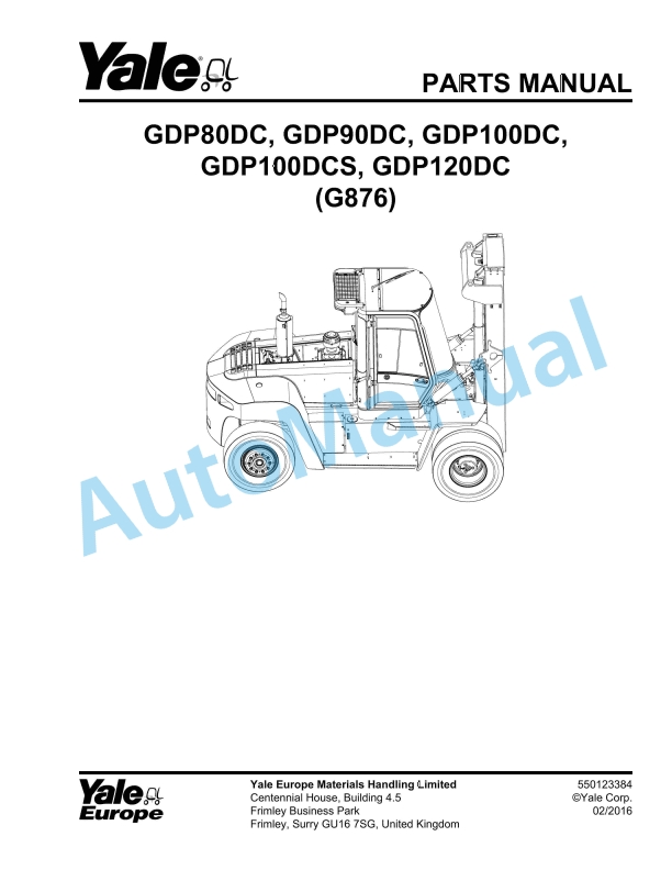 Yale G876 GDP80DC, GDP90DC, GDP100DC, GDP100DCS, GDP120DC Parts Manual 550123384