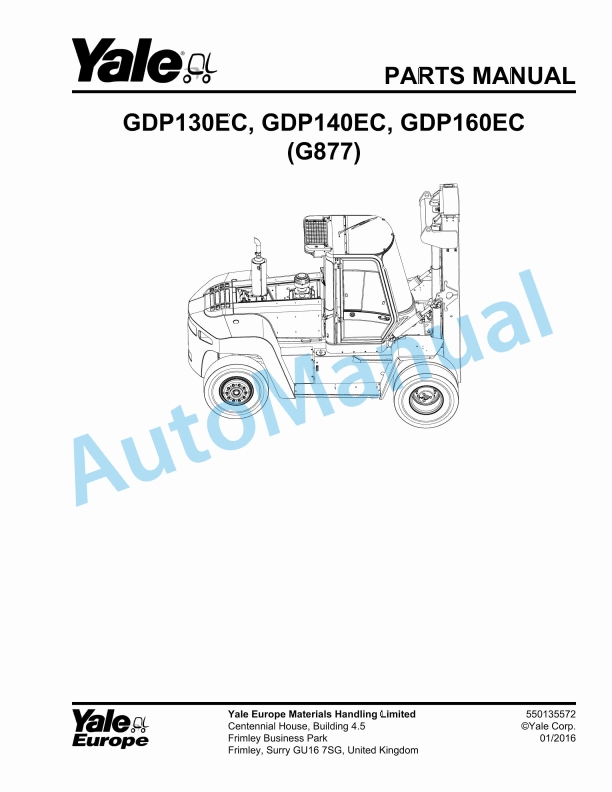 Yale G877 GDP130EC, GDP140EC, GDP160EC Parts Manual 550135572
